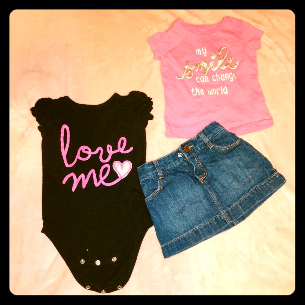 love me onesie shirt and a Jean skirt